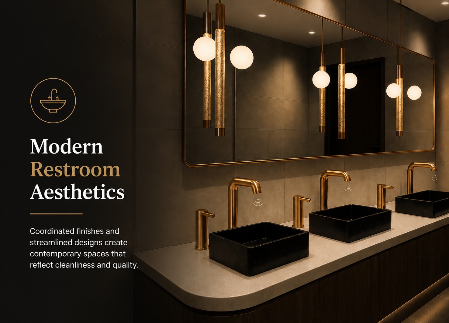 Elegant commercial restroom with coordinated bronze fixtures, black vessel sinks, and contemporary architectural lighting