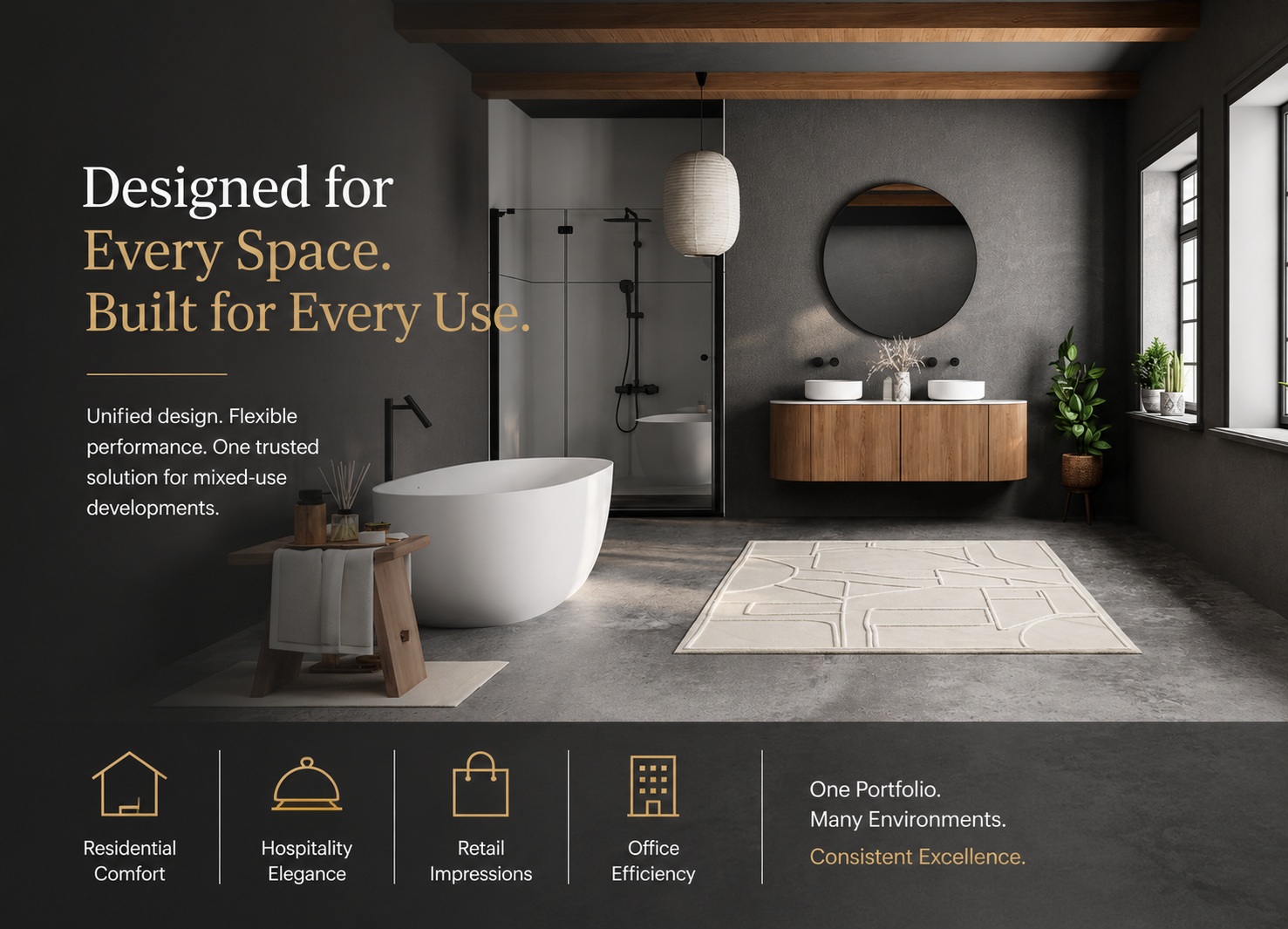 Contemporary bathroom showcasing versatile design elements suited for residential, hospitality, retail, and office environments
