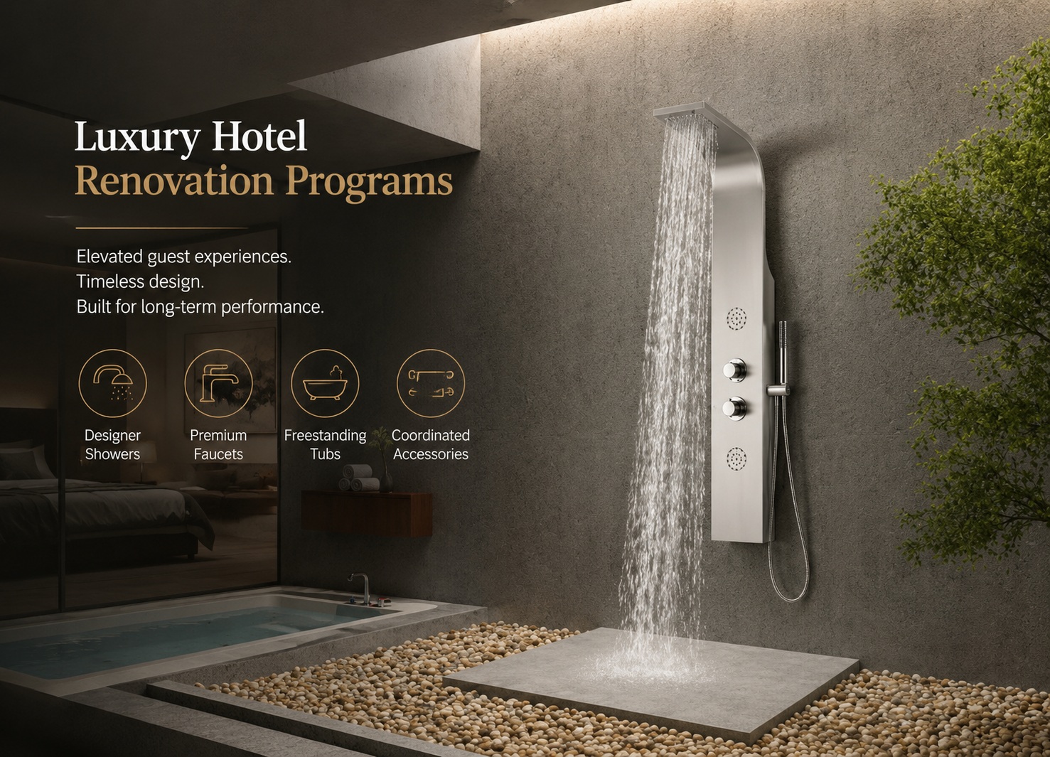 Luxury hotel spa-style shower suite showcasing modern fixtures, refined finishes, and upscale guest-focused design