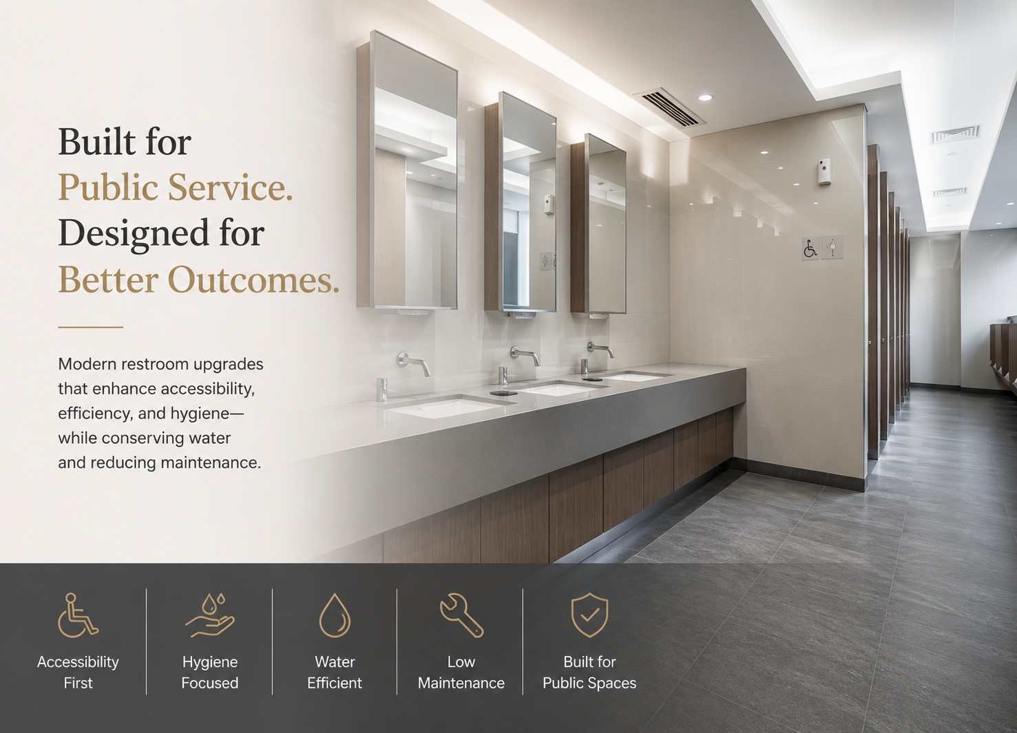 Modern government restroom featuring accessible design, efficient fixtures, and low-maintenance public facility solutions