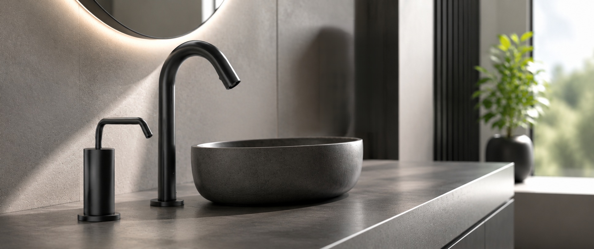 Matte black automatic soap dispenser and sensor faucet paired with a modern vessel sink in a coordinated commercial restroom design
