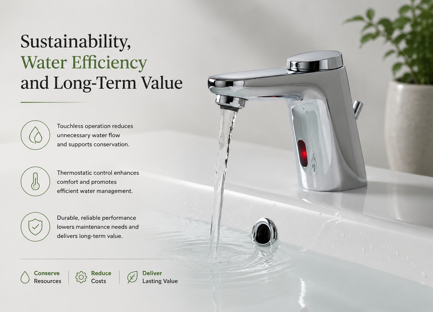 Touchless chrome faucet demonstrating water-saving technology and sustainable restroom design