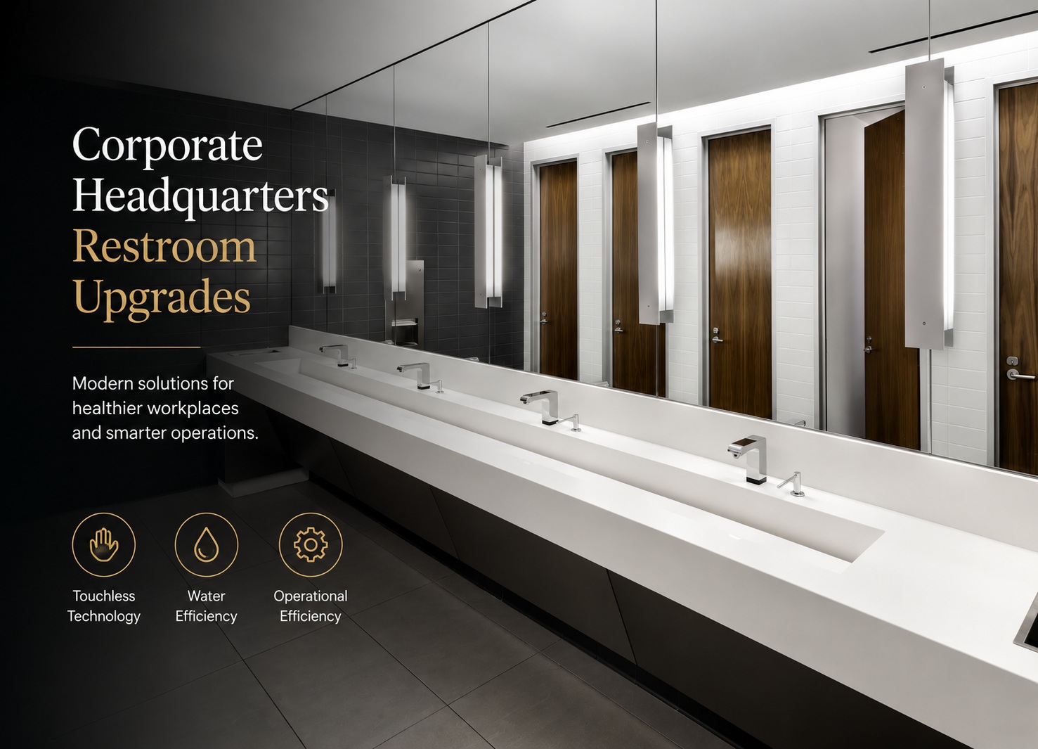 Contemporary corporate restroom with touchless faucets, streamlined fixtures, and efficient workplace-focused design