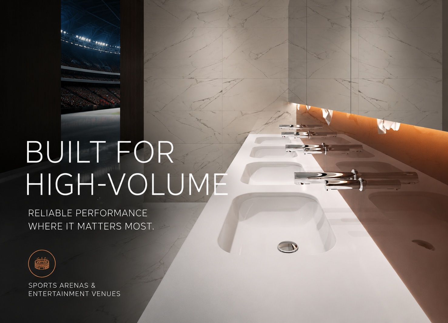 Modern commercial restroom designed for high-traffic sports and entertainment venues