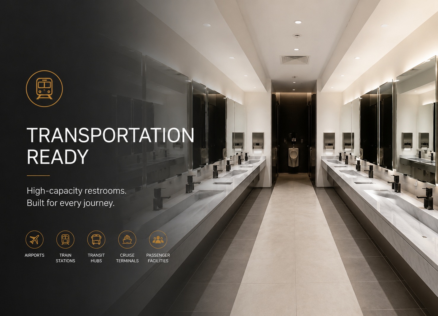 Modern transit facility restroom designed for efficient passenger flow and high-volume daily use