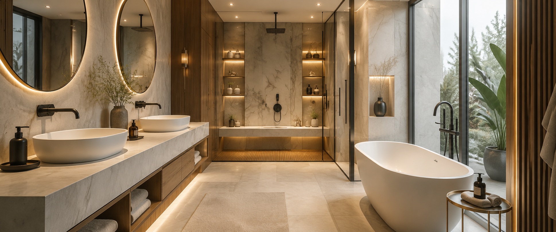 Elegant spa-style bathroom featuring a freestanding tub, vessel sinks, and premium designer fixtures with warm ambient lighting