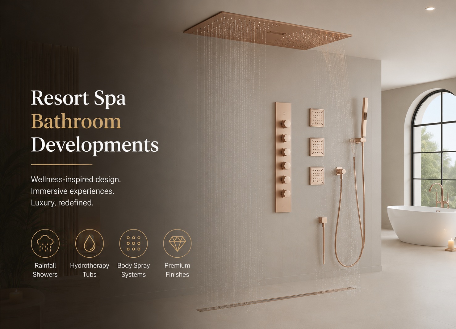 Luxury resort spa bathroom featuring a rainfall shower system, body sprays, and refined wellness-focused design
