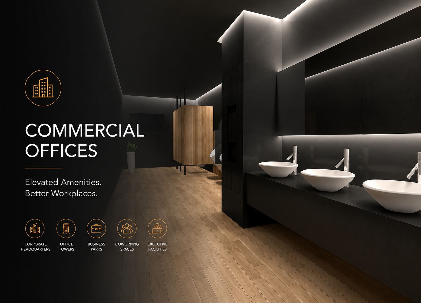 Contemporary office restroom with sleek finishes and premium amenities for modern workspaces