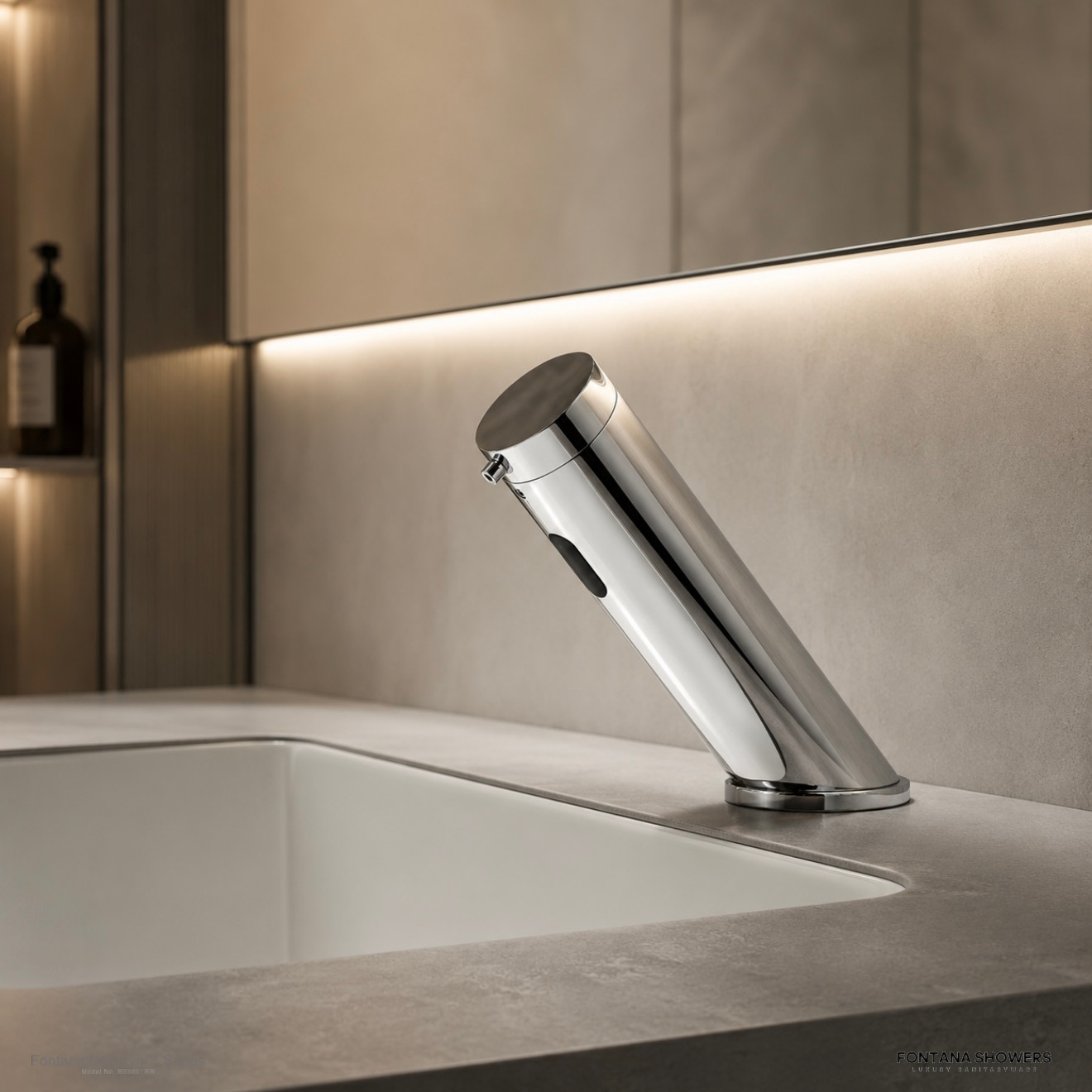 Vertical composition showcasing architectural faucet details for signature restrooms.