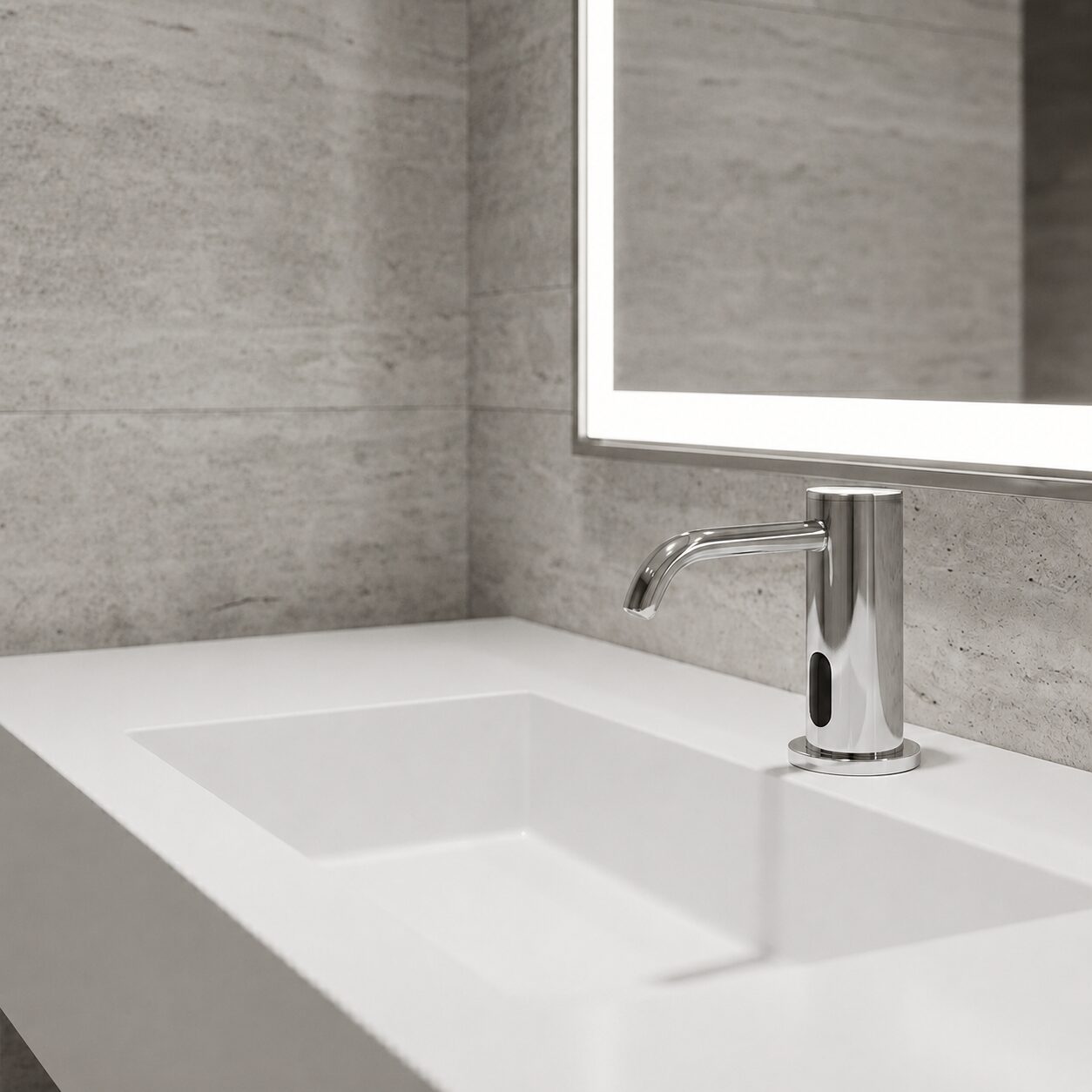 Modern amenity restroom sink lineup with architectural faucets and layered lighting.