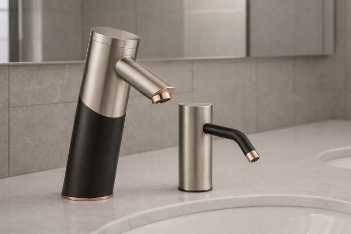 Smart touchless faucet in a modern commercial restroom designed for sustainable building performance and water efficiency